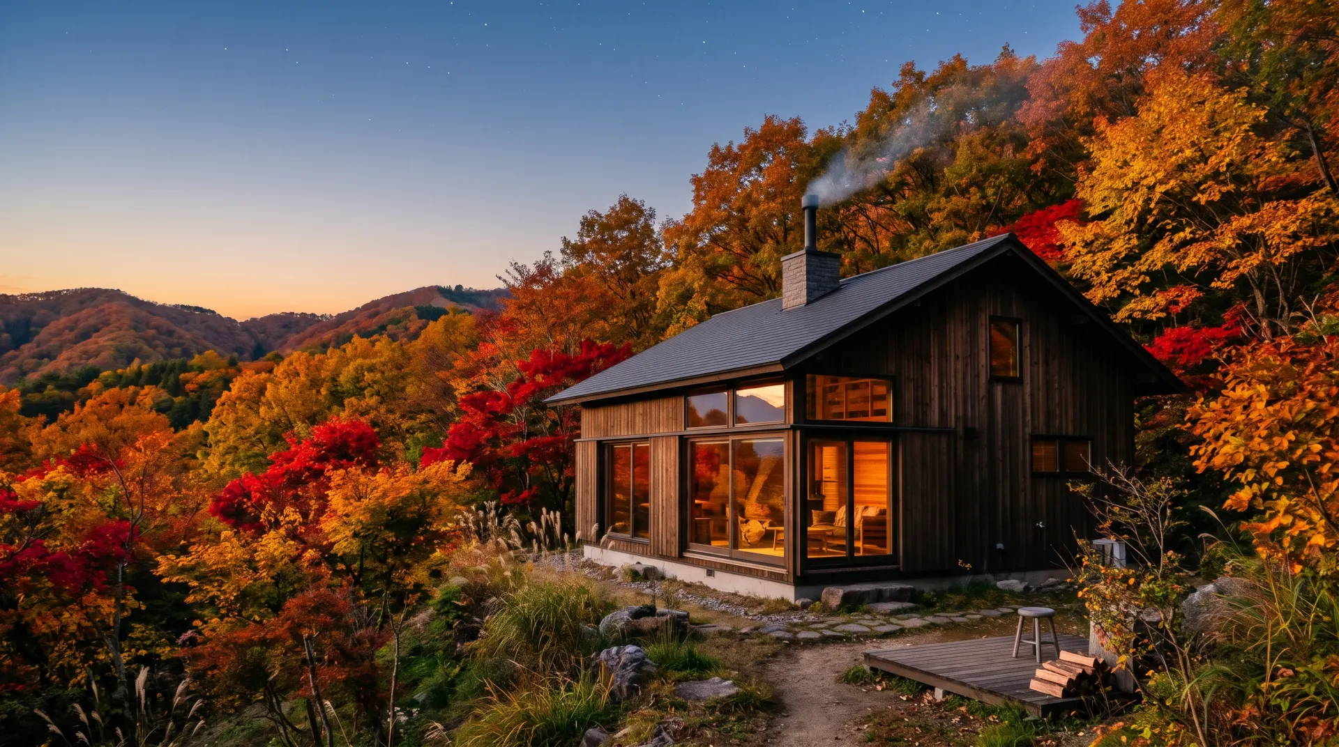 紅葉に囲まれた山荘