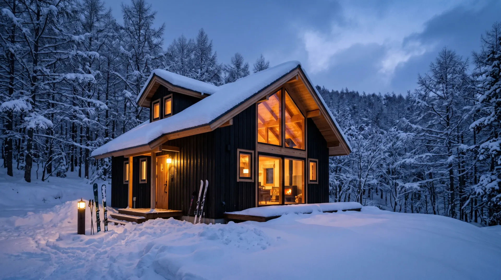 雪に包まれた山荘の夕暮れ